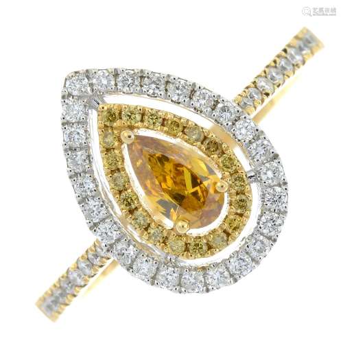 An 18ct gold pear-shape coloured diamond and brilliant-cut d...