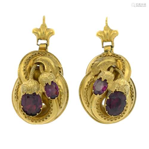 A pair of mid 19th century 18ct gold foil-backed garnet drop...