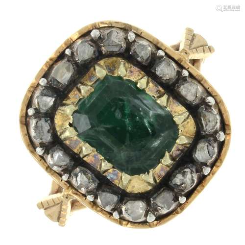 A green gem and diamond point cluster ring.Ring size L.