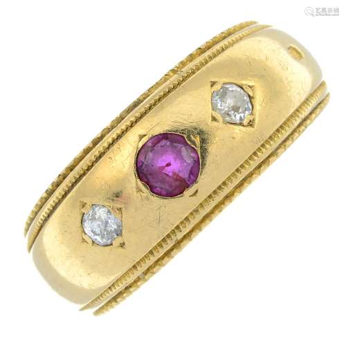 A late Victorian 18ct gold ruby and old-cut diamond band rin...
