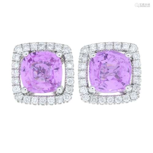 A pair of 18ct gold pink sapphire and brilliant-cut diamond ...