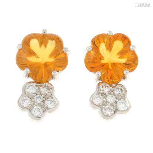 A pair of 18ct gold citrine cabochon and pave-set diamond fl...