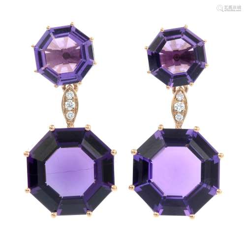 A pair of amethyst and brilliant-cut diamond drop earrings.T...