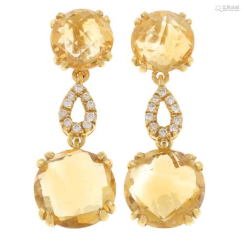 A pair of 18ct gold citrine and brilliant-cut diamond drop e...