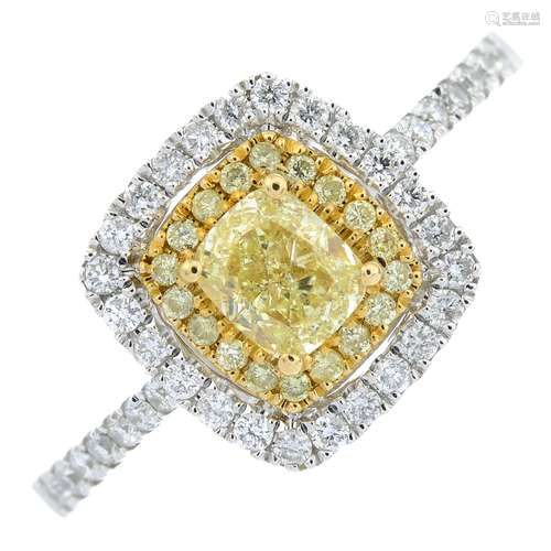 An 18ct gold square-shape coloured diamond and brilliant-cut...