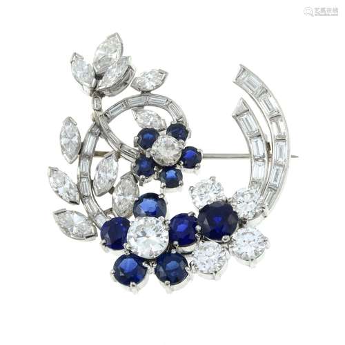 A mid 20th century platinum vari-cut diamond and sapphire fl...