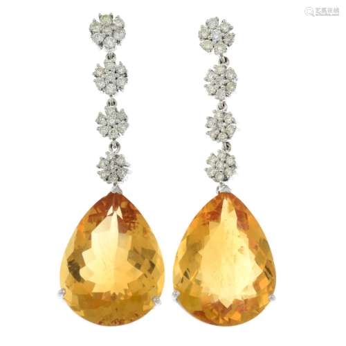 A pair of 18ct gold citrine and brilliant-cut diamond drop e...