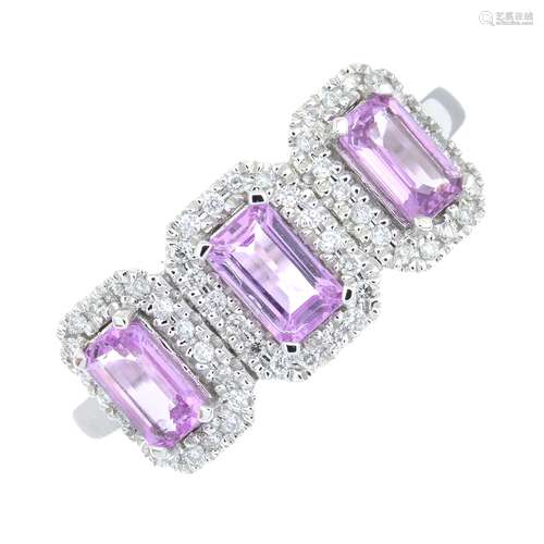 An 18ct gold pink sapphire and brilliant-cut diamond triple ...