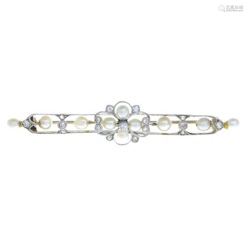 An early 20th century gold and platinum cultured pearl and d...