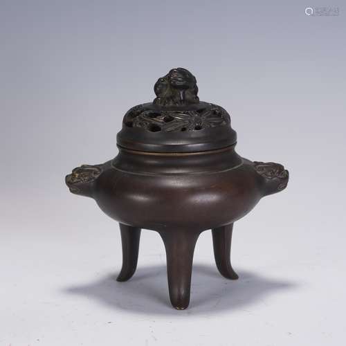 Qing Dynasty Copper Three-legged Double Ears Incense burner