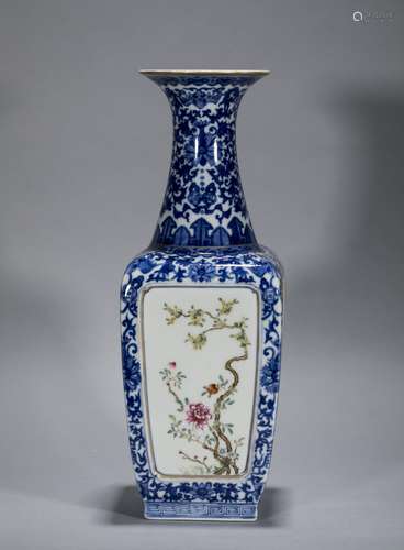 Qing Dynasty Qianlong blue and white famille rose square vas...