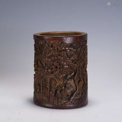 Qing Dynasty Bamboo Carving Mountain Forest Gaoshi Brush Hol...