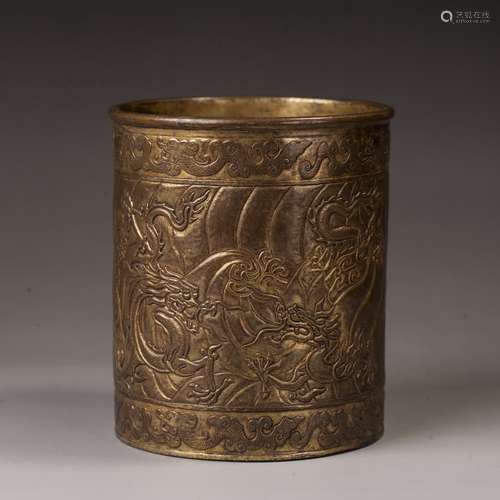 Gilt bronze engraved pen holder