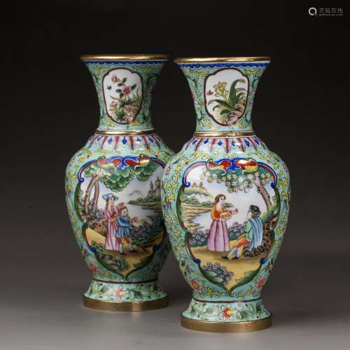 A pair of copper enamel vases, Qianlong period, Qing Dynasty