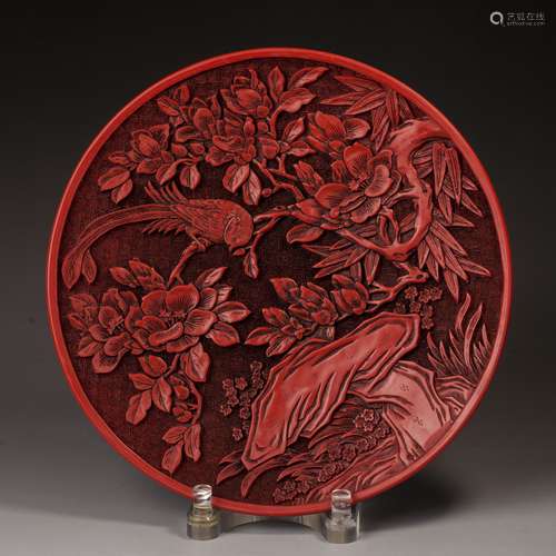 Carved bird pattern lacquer tray