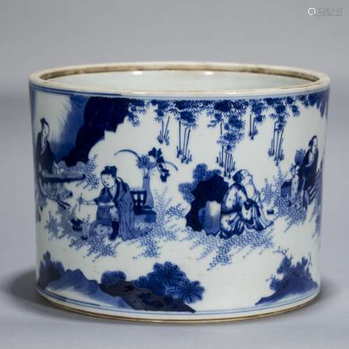 Shunzhi Blue and White Figure Pen Holder, Qing Dynasty