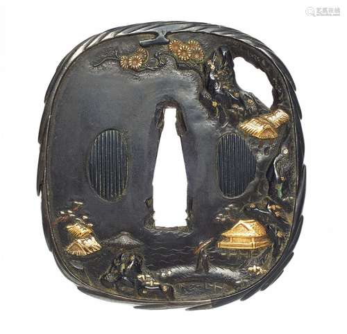 Tsuba. Shakudô. Période Edo, XVIIIe/début XIXe siècle. Carré...