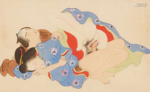 Peintre du 20ème siècle. Deux peintures shunga. Encre et cou...