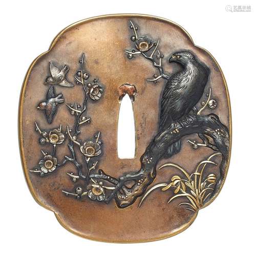 Tsuba. Sentoku et fer. Période Edo, 19e siècle. Sign. en mar...