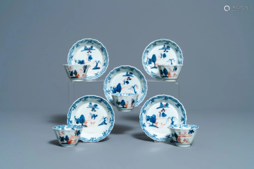 Five Chinese Imari-style cups and saucers, Kangxi