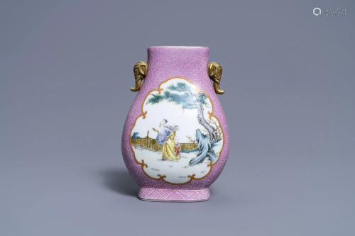 A Chinese pink-ground famille rose 'hu' vase, Jiaqing