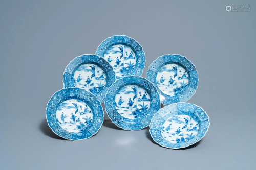 Six deep Chinese blue and white 'Xi Xiang Ji' plates,
