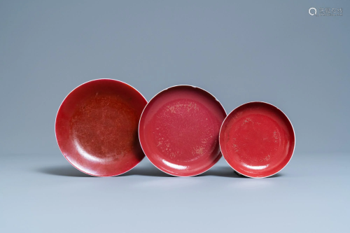 Three Chinese monochrome copper- and ruby-red plates,