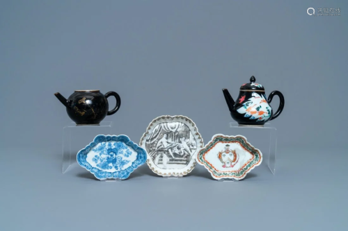 Two Chinese famille noire teapots, a pattipan and two