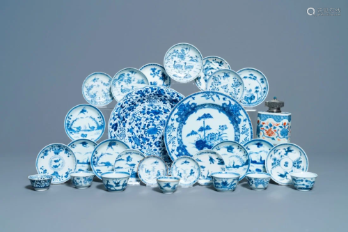 Eighteen Chinese blue and white saucers, seven cups,
