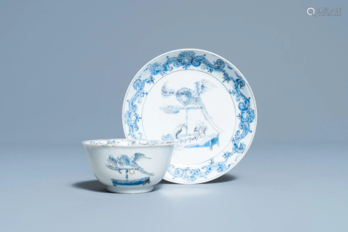 A Chinese blue and white cup and saucer with a design