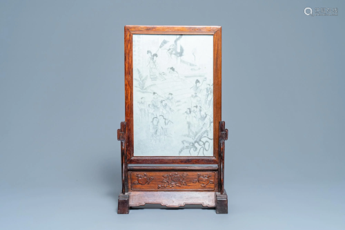 A Chinese wooden table screen with grisaille plaque,