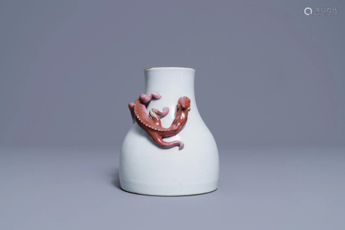 A Chinese famille rose vase with an applied dragon,