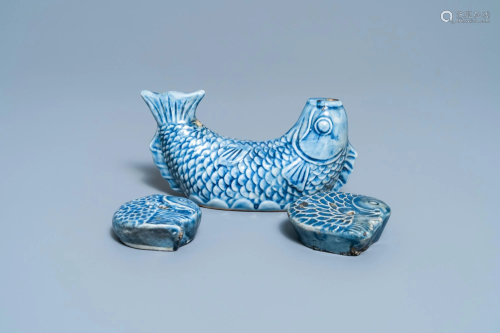 Three Korean blue-glazed fish-shaped water droppers,