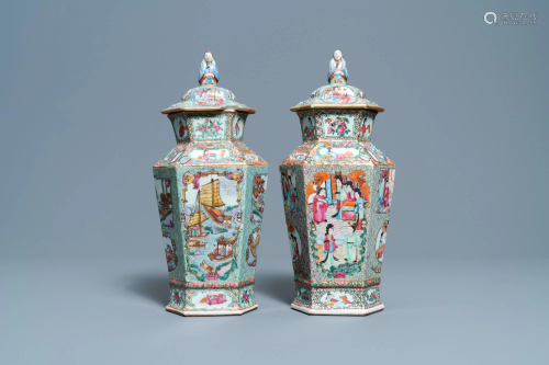 Two Chinese hexagonal Canton famille rose vases and