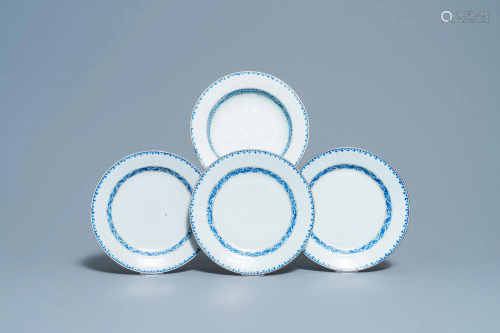 Four Chinese blue and white bianco-sopra-bianco plates,