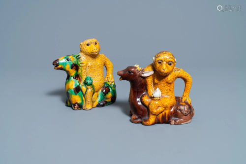 Two Chinese sancai-glazed 'monkey on deer' ewers, 19th