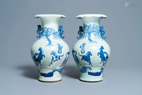 A pair of Chinese blue and white celadon 'horse' vases,