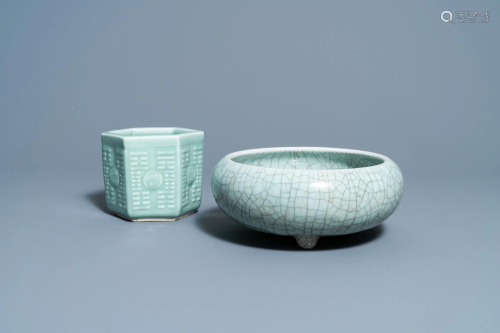 A Chinese crackle-glazed censer and a hexagonal
