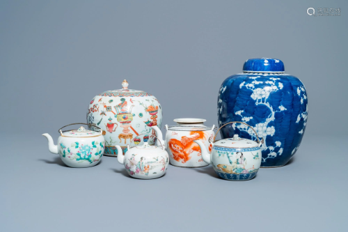Four various Chinese teapots and two covered jars,