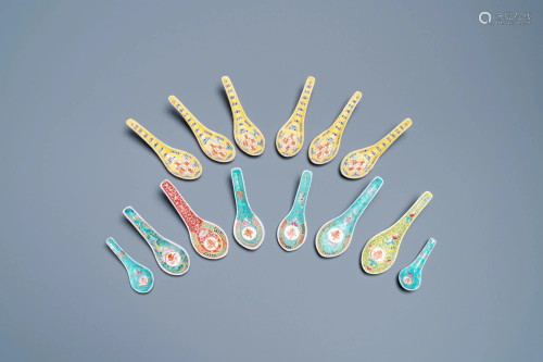 Fourteen Chinese famille rose spoons with characters,