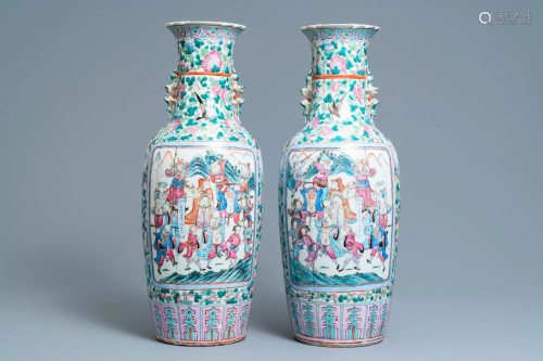 A pair of Chinese famille rose vases with court and