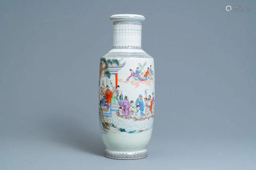A Chinese famille rose rouleau vase with figures in a