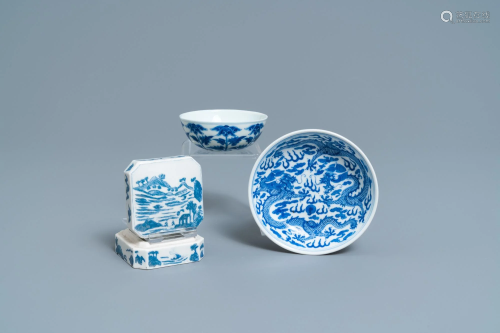 A Chinese blue and white plate, a bowl and a box and