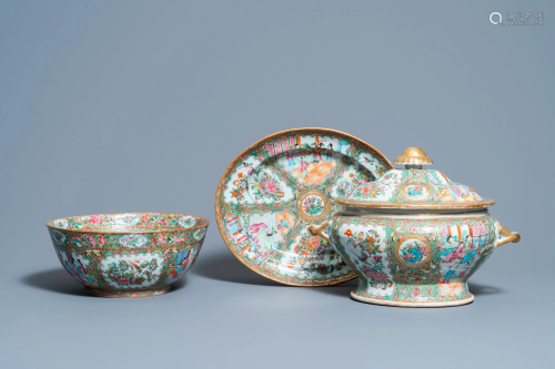 A Chinese Canton famille rose bowl and a tureen on