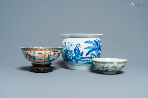 A Chinese blue and white jardiniere and two famille
