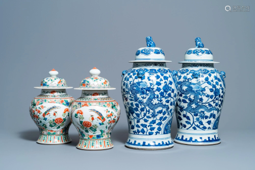Two pairs of Chinese blue and white and famille verte