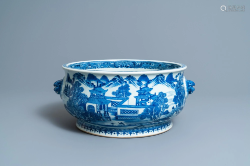A large Chinese blue and white 'landscape' censer,