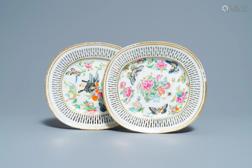 A pair of Chinese reticulated oval Canton famille rose