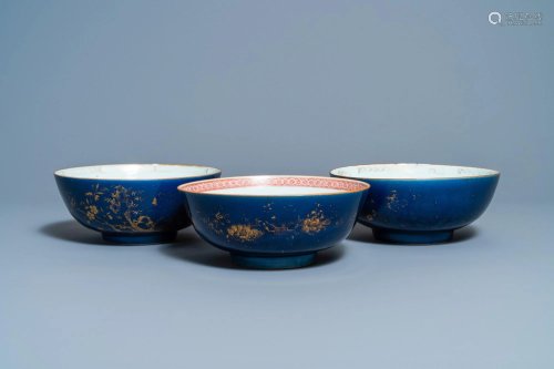 Three Chinese gilt-decorated monochrome blue bowls,