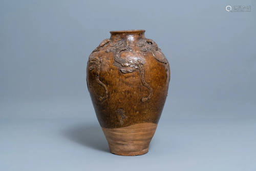 A large Chinese brown-glazed relief-molded martaban jar